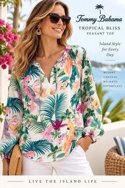 Coastal Preppy Luxe Tommy Bahama Tropical Bliss Silk Cotton Parrot Top Pristine